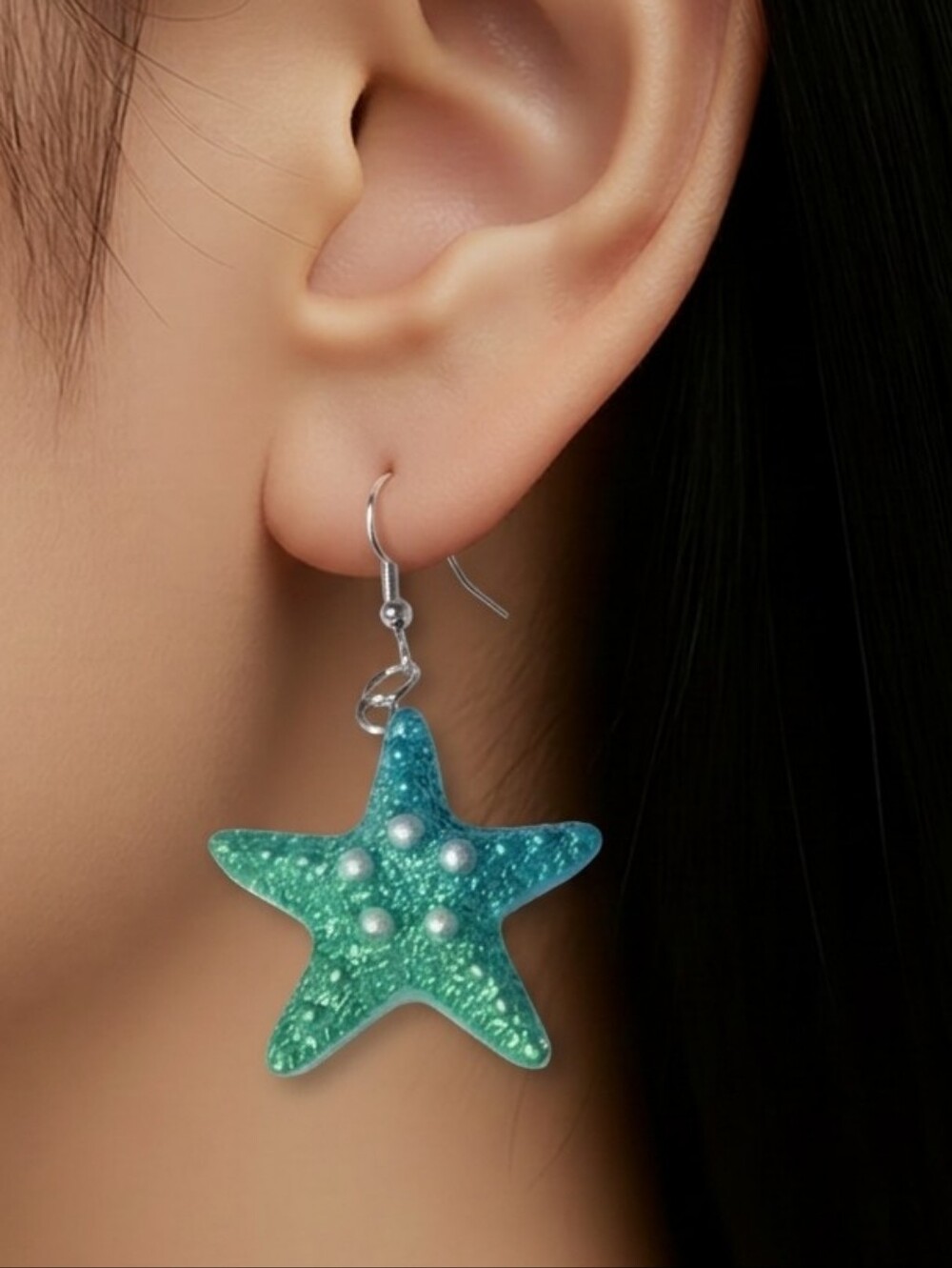 Shimmer Turquoise Starfish Dangle Earrings 3D Nautical Ocean Vacation Jewelry